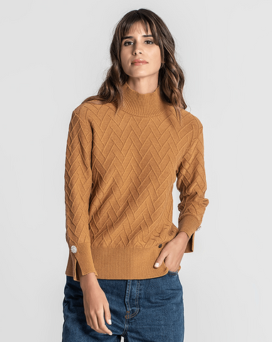 Camisola Camel jacquard com botões nos punhos