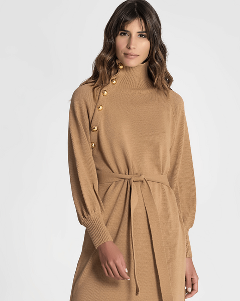 Vestido camel com botões dourados